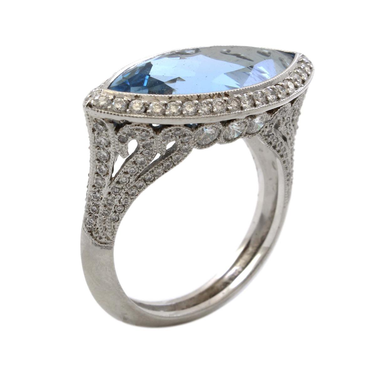 Platinum 5 Carat Aquamarine Diamond Estate Cocktail Ring In Excellent Condition For Sale In New York, NY