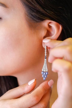 Platinum 5 Carat Oval Cut Blue Sapphire Earrings VS2-SI1/GH Color Diamond Dangle