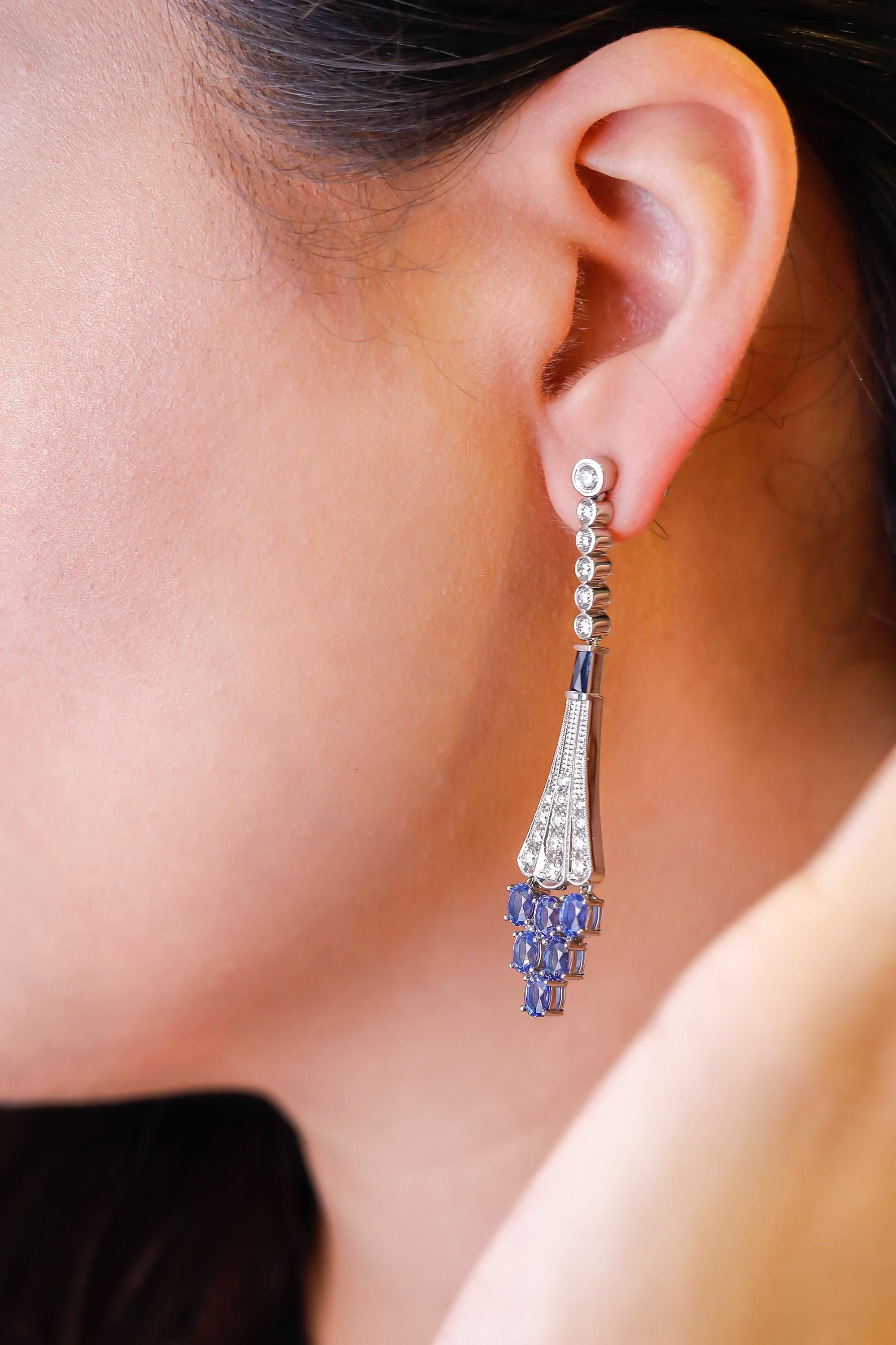 Modern Platinum 5 Carat Oval Cut Blue Sapphire Earrings VS2-SI1/GH Color Diamond Dangle For Sale