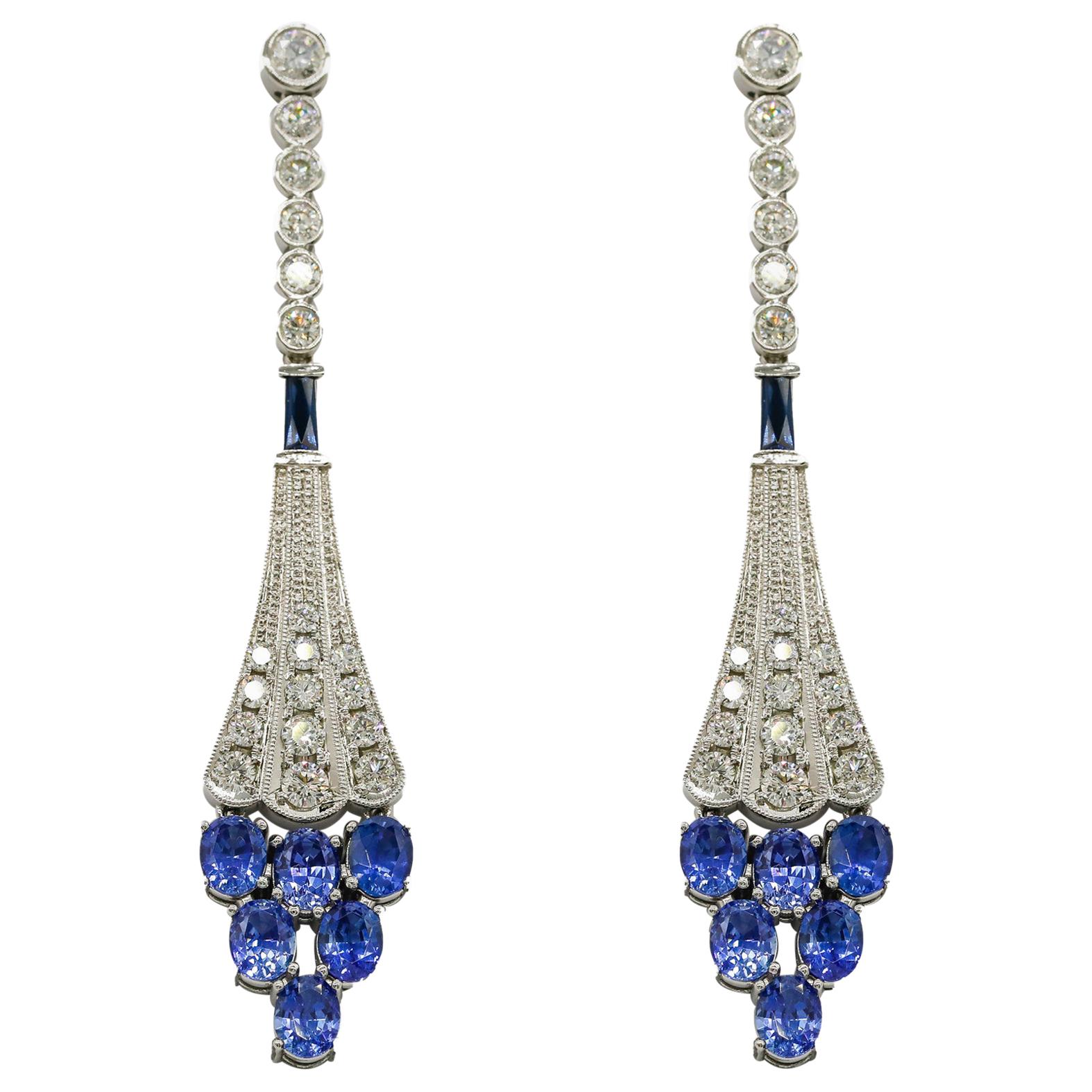 Platinum 5 Carat Oval Cut Blue Sapphire Earrings VS2-SI1/GH Color Diamond Dangle