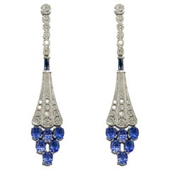 Platinum 5 Carat Oval Cut Blue Sapphire Earrings VS2-SI1/GH Color Diamond Dangle