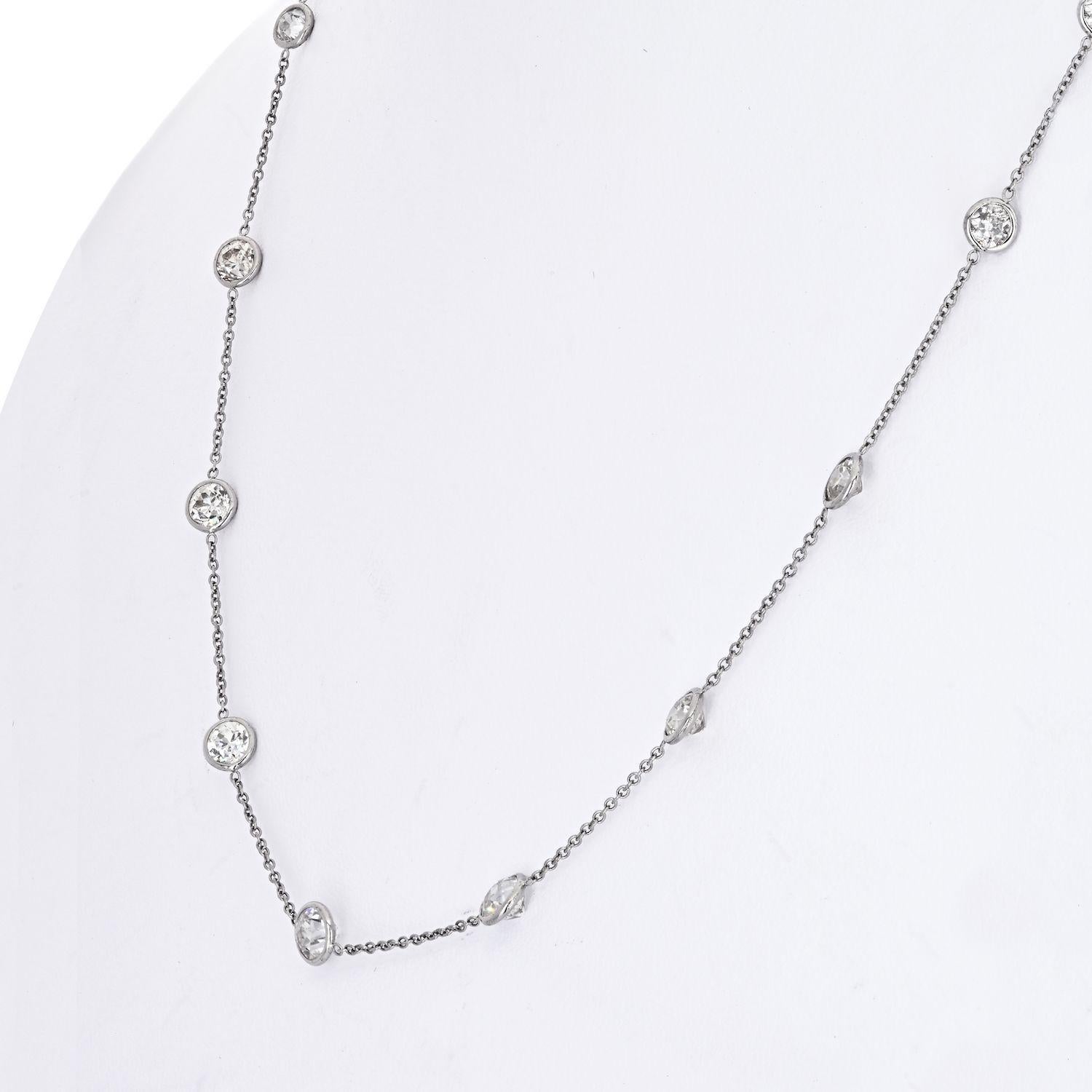 Platinum 5 carat Round Cut Diamonds by the Yard Necklace made with 17 round cut diamonds of fine color and clarity. 
16 inches long.

