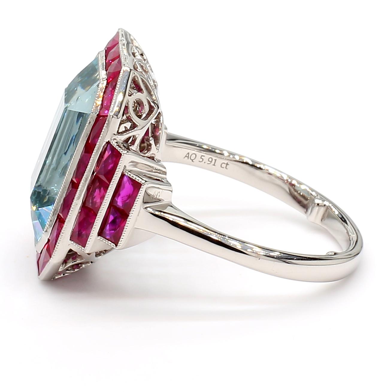 Emerald Cut Platinum 5.91 CTS Aquamarine and Ruby Art Deco Style Ring For Sale