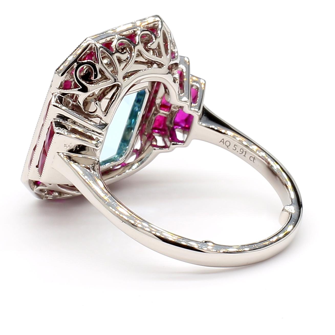 Platinum 5.91 CTS Aquamarine and Ruby Art Deco Style Ring In New Condition For Sale In New York, NY