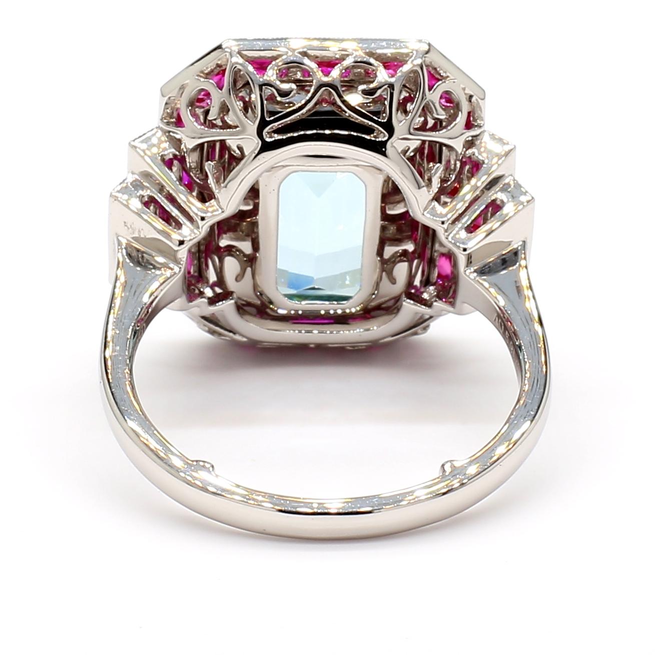 Women's Platinum 5.91 CTS Aquamarine and Ruby Art Deco Style Ring For Sale
