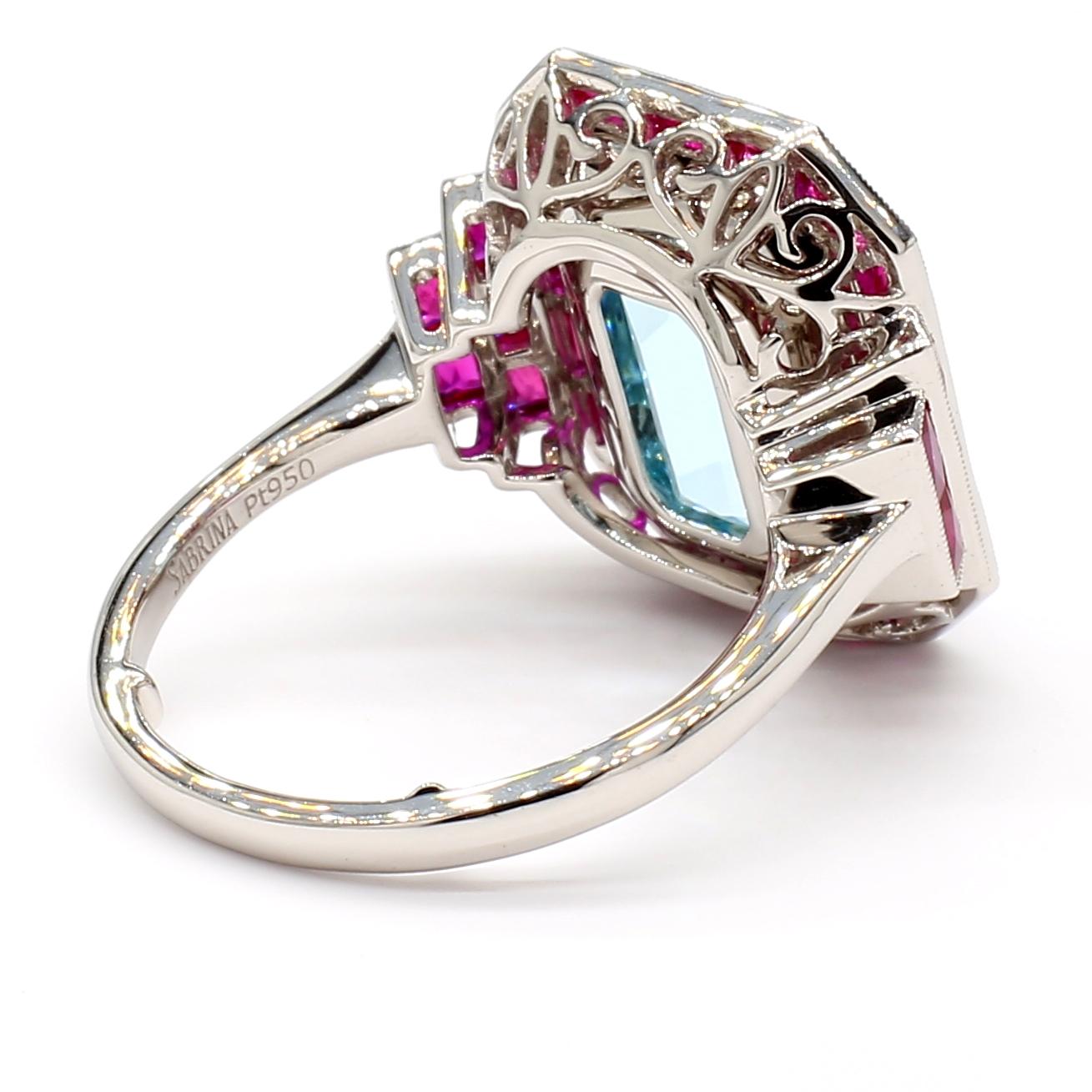 Platinum 5.91 CTS Aquamarine and Ruby Art Deco Style Ring For Sale 1