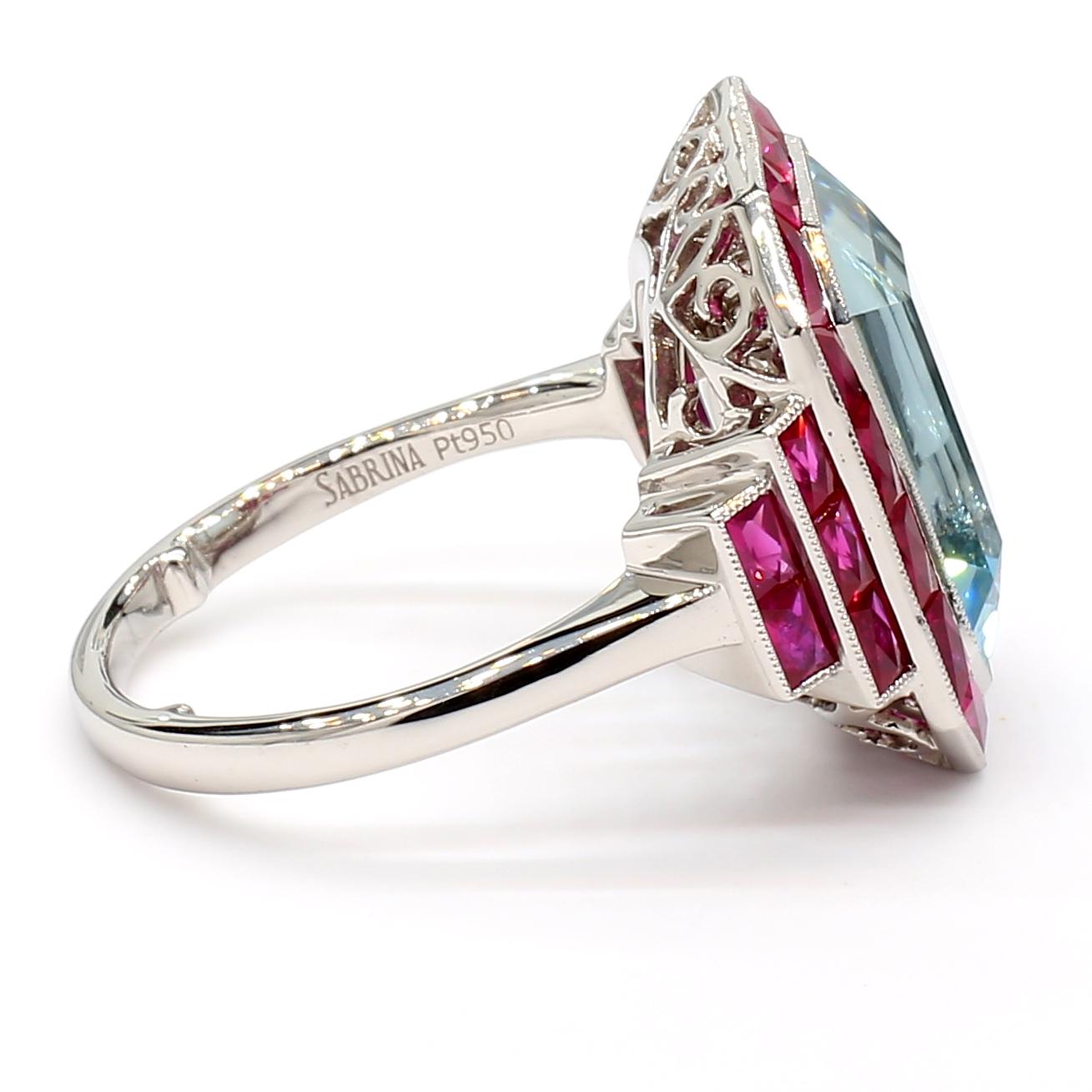 Platinum 5.91 CTS Aquamarine and Ruby Art Deco Style Ring For Sale 2