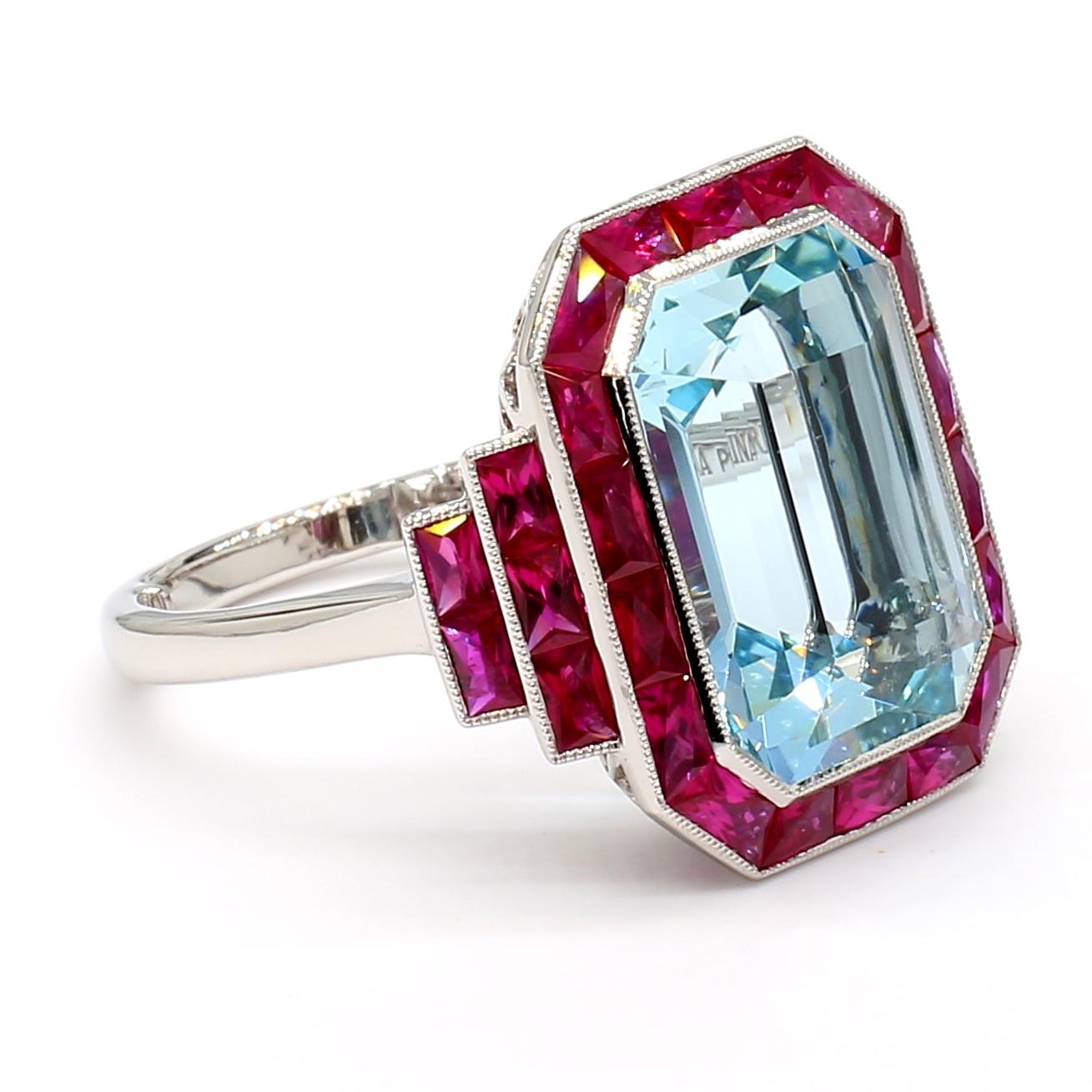 Platinum 5.91 CTS Aquamarine and Ruby Art Deco Style Ring For Sale 3