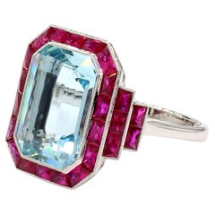 Bague art déco en platine avec aigue-marine et rubis (5 CTS)