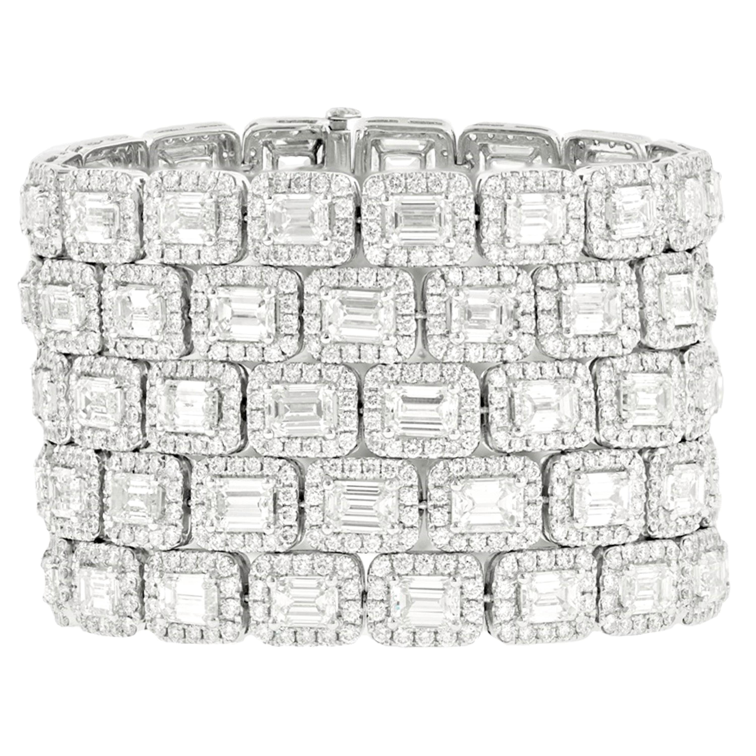 Platinum 5-Row Diamond Emerald Cut Diamond Bracelet