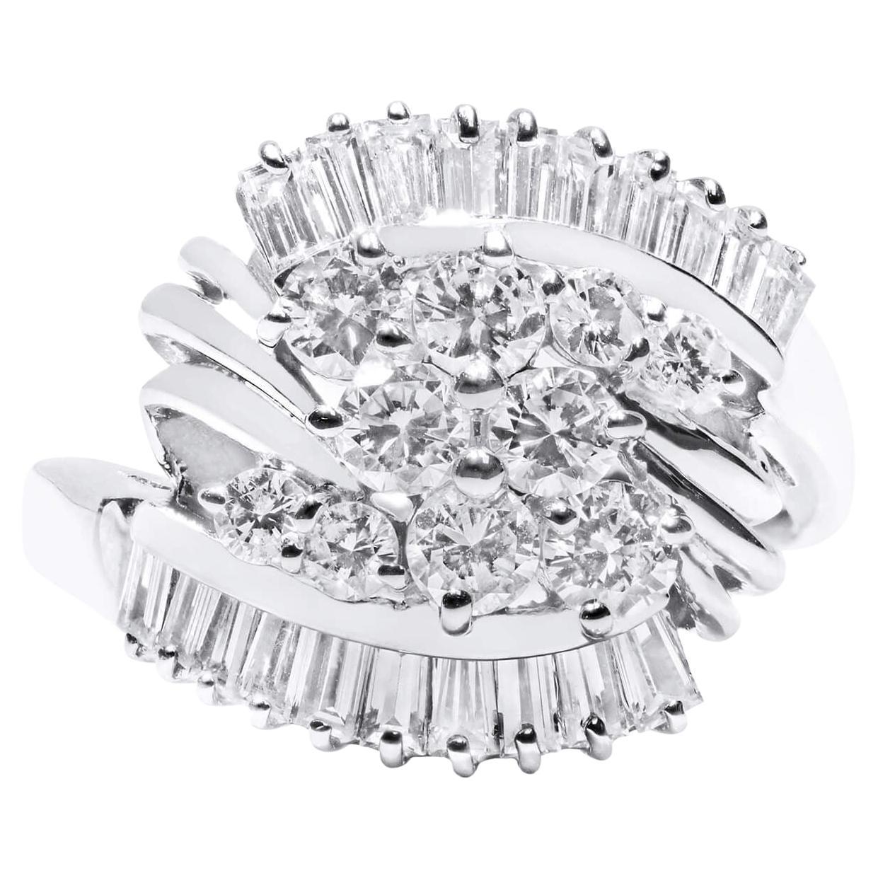 Platinum 5 Row Round and Baguette Diamonds Ring AIG Certified