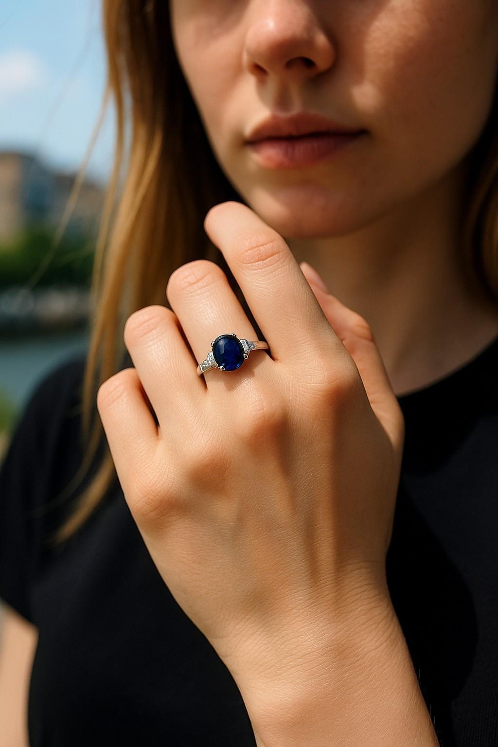Questo elegante anello in platino a 5 pietre è incentrato su uno zaffiro cabochon di Ceylon di qualità pregiata del peso di 3,22 carati, apprezzato per la sua serena tonalità blu e la sua bellezza naturale. Affiancato da due diamanti rotondi per un