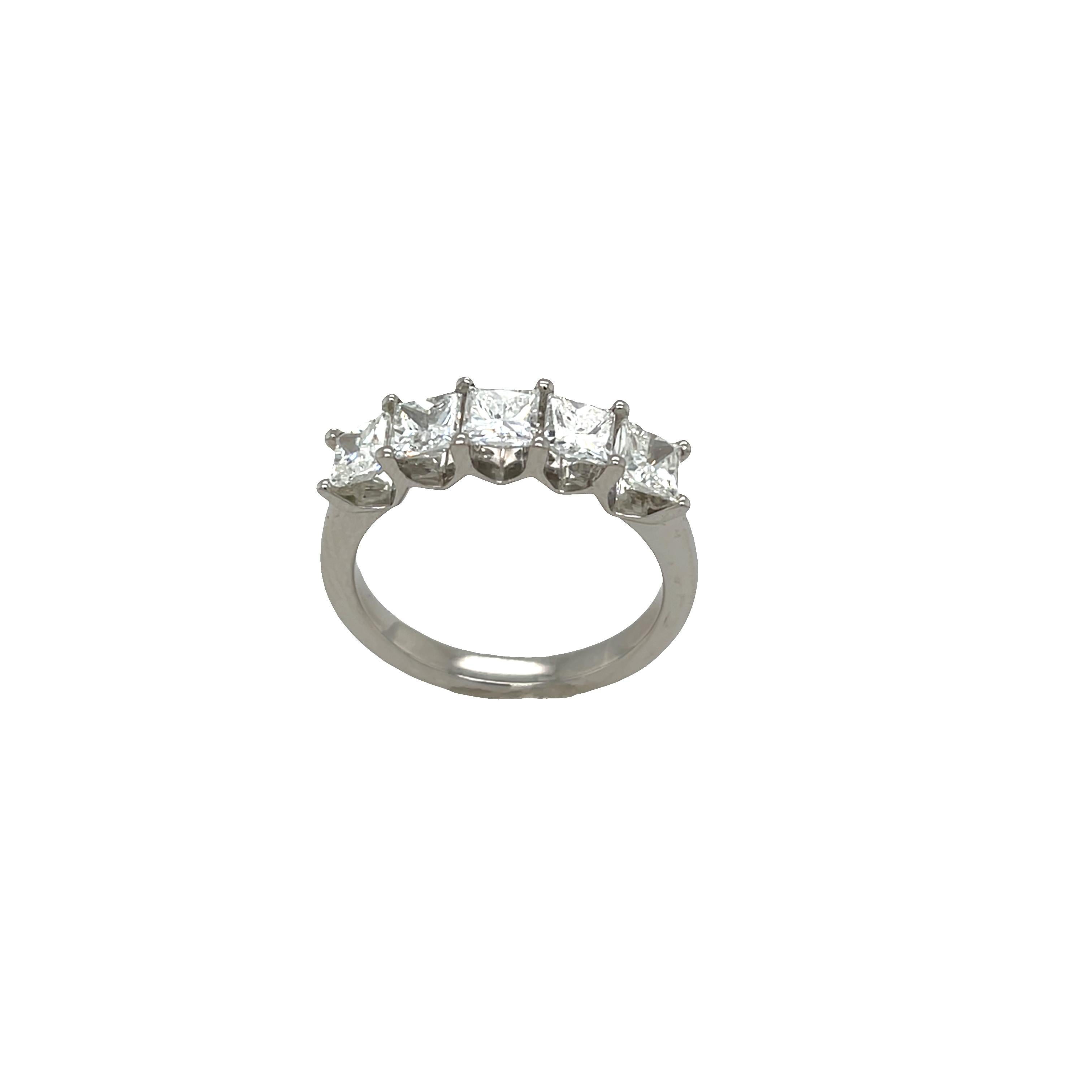 Taglio princess Platinum 5-Stone Diamond Ring, Set With 1.45ct Natural Diamonds in vendita