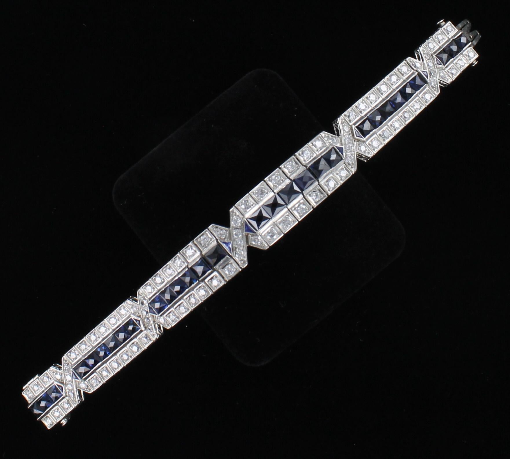 French Cut Platinum 5.0 Carat Total Weight Diamond and Sapphire Bracelet, circa 1920 For Sale