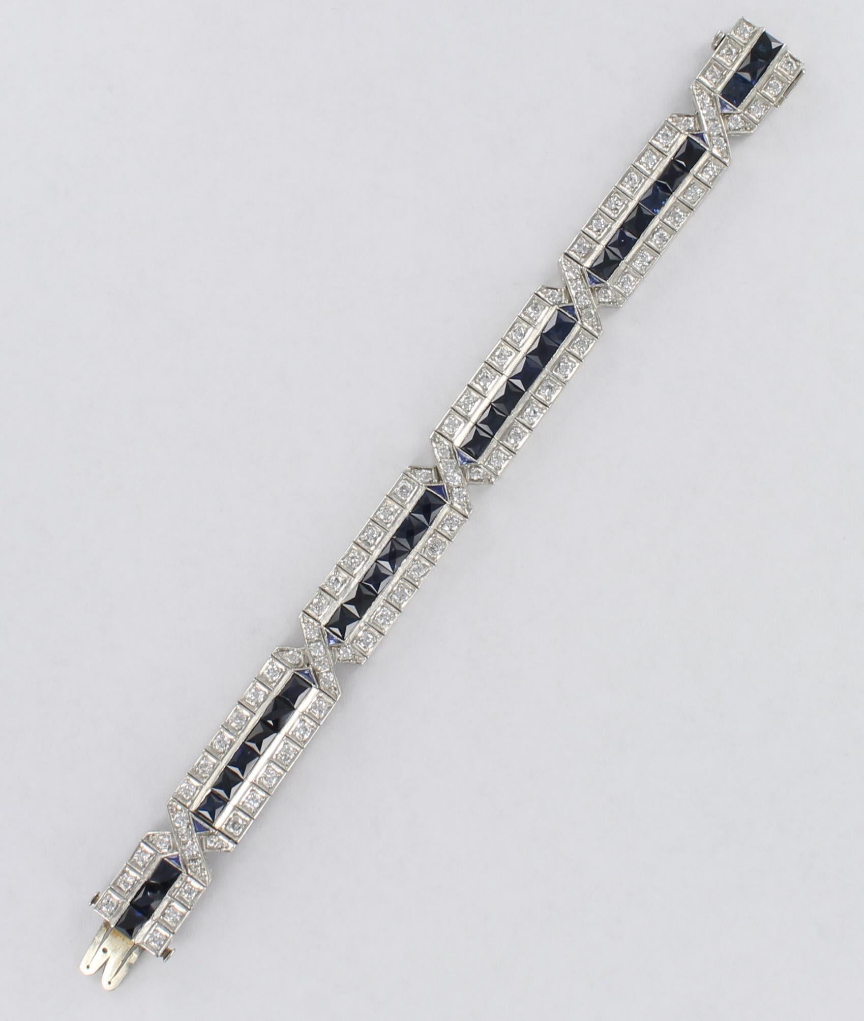 Platinum 5.0 Carat Total Weight Diamond and Sapphire Bracelet, circa 1920 In Good Condition For Sale In Atlanta, GA