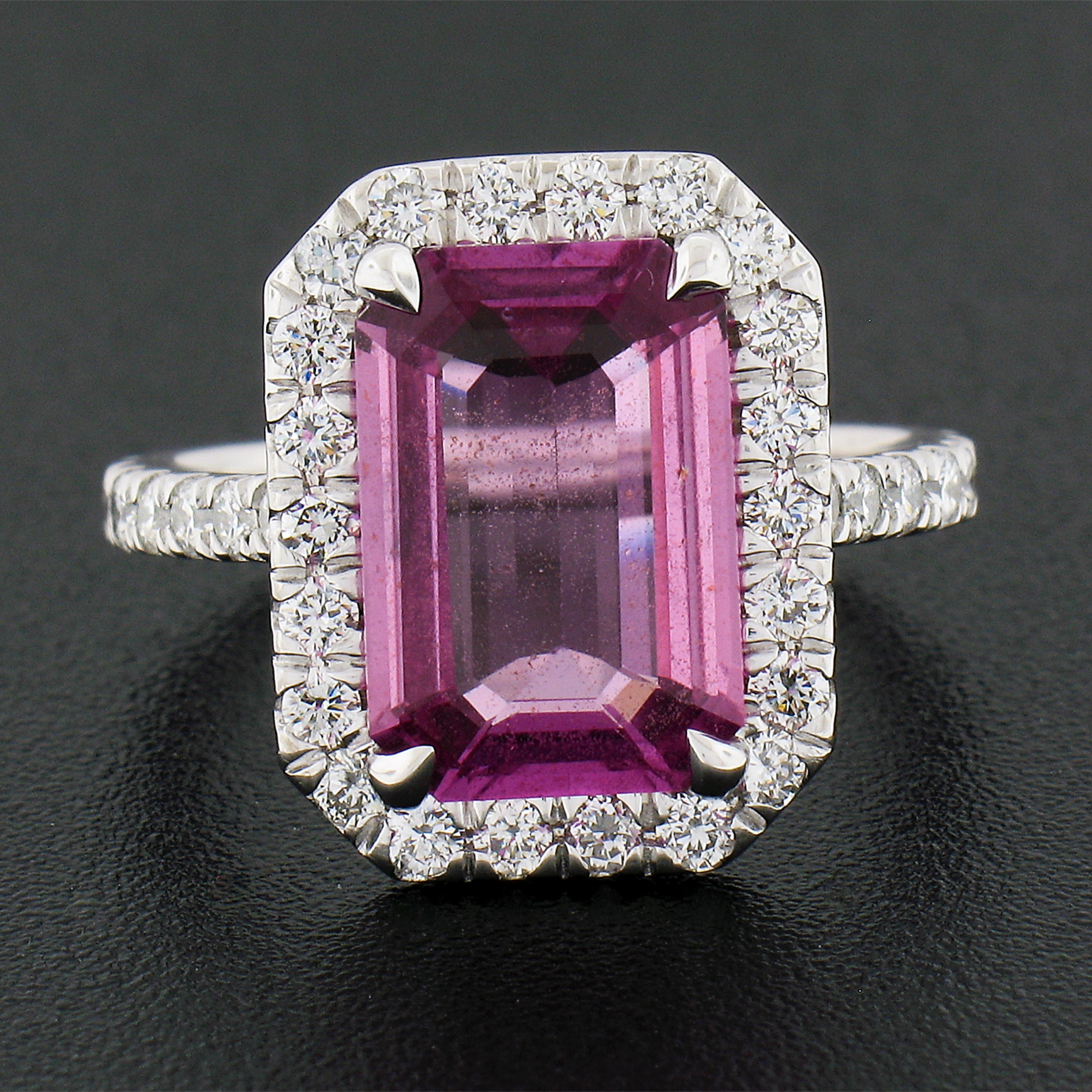 Emerald Cut Platinum 5.01ct GIA No Heat Pink Sapphire Solitaire Diamond Halo Engagement Ring