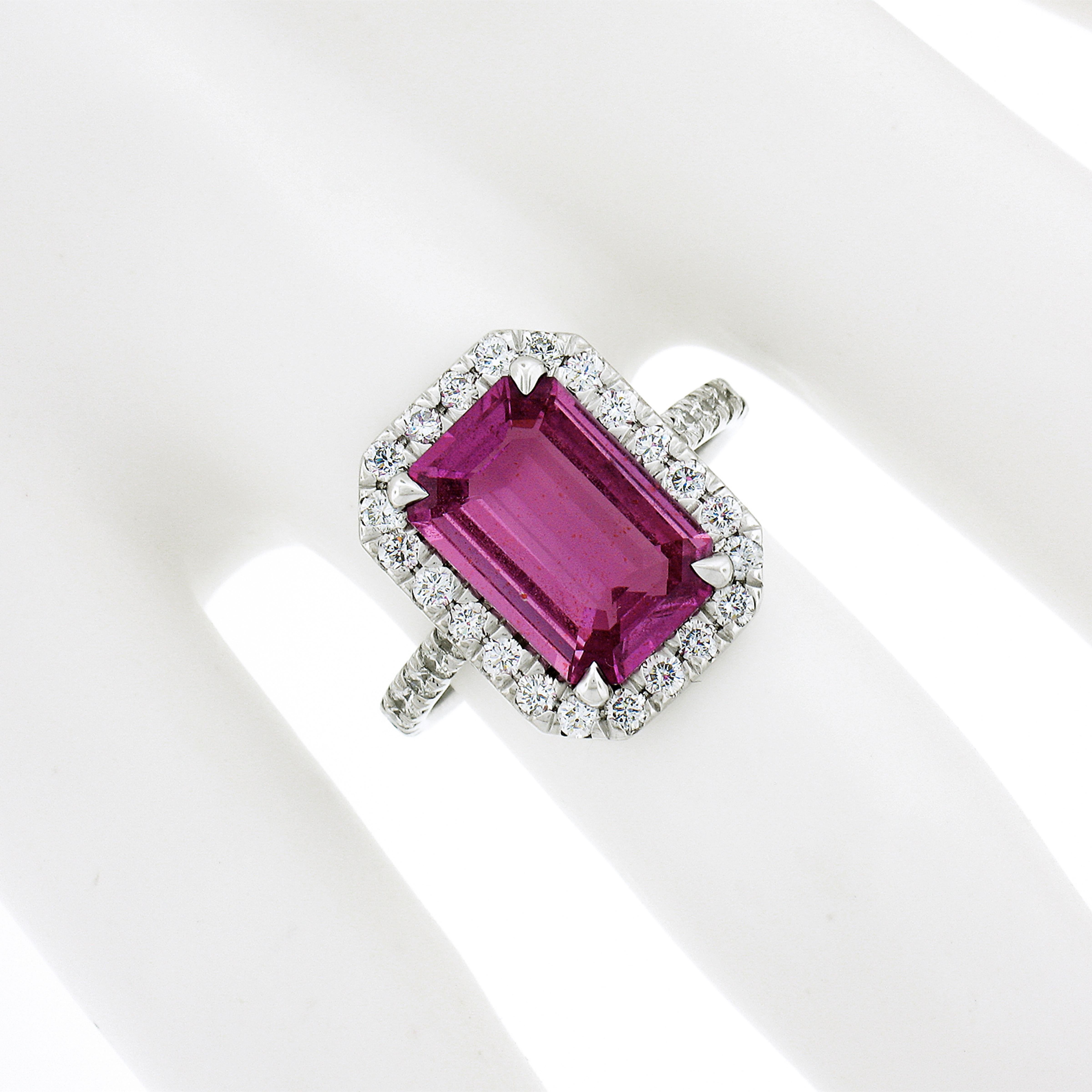 Platinum 5.01ct GIA No Heat Pink Sapphire Solitaire Diamond Halo Engagement Ring In New Condition In Montclair, NJ
