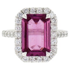 Platinum 5.01ct GIA No Heat Pink Sapphire Solitaire Diamond Halo Engagement Ring