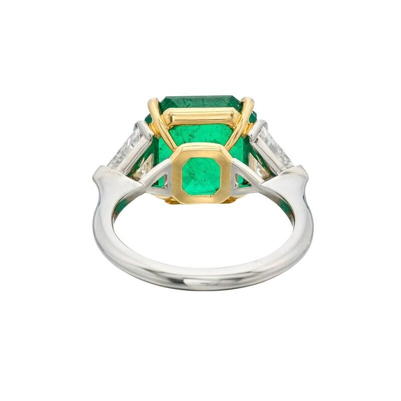 Women's or Men's Platinum, 5.11ct Emerald Cut Colombian Emerald and Diamond Three Stone Ring