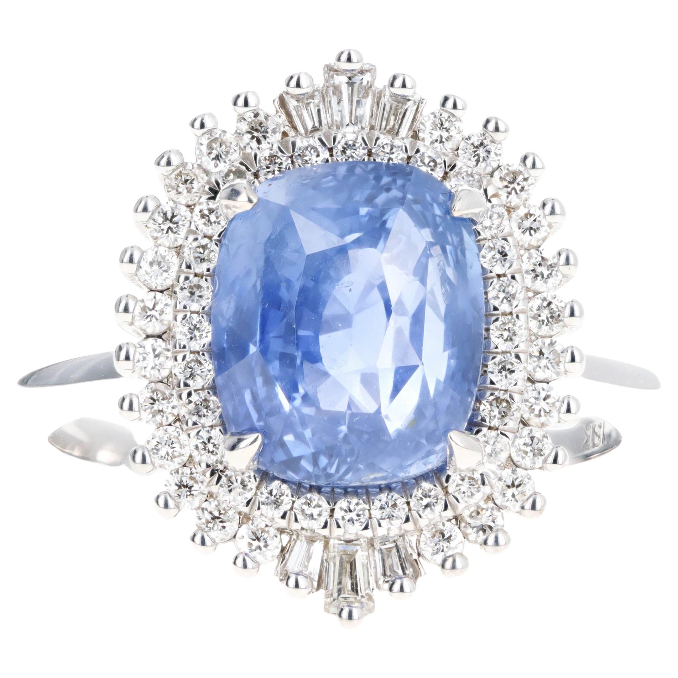 Platinum 5.12 Carat Cushion Cut Natural Sapphire & Diamond Baguette Fan Ring For Sale