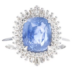 Platinum 5.12 Carat Cushion Cut Natural Sapphire & Diamond Baguette Fan Ring
