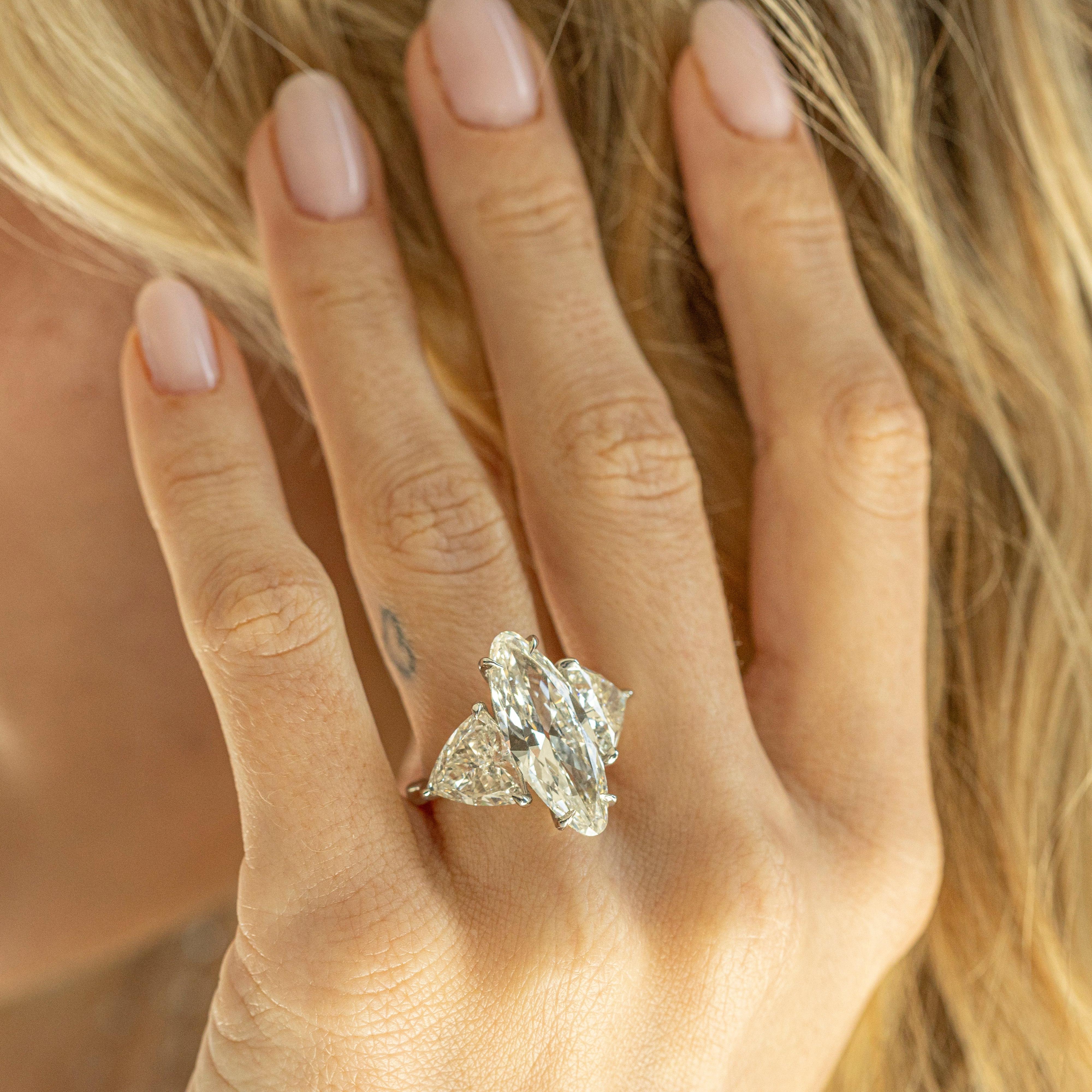 Oval Cut Platinum 5.16 Carat Moval Diamond Three Stone Engagement Ring For Sale