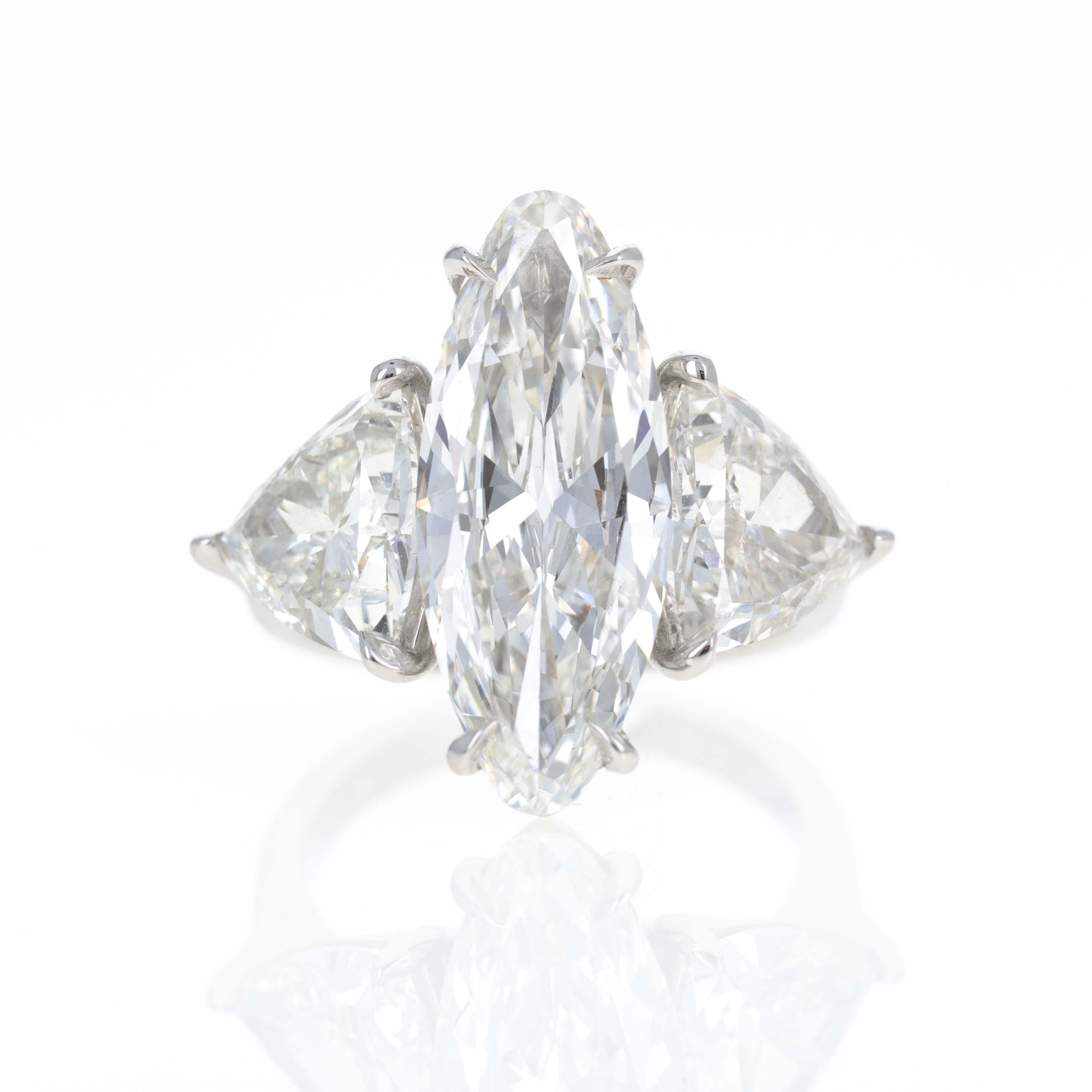 Platinum 5.16 Carat Moval Diamond Three Stone Engagement Ring For Sale 2