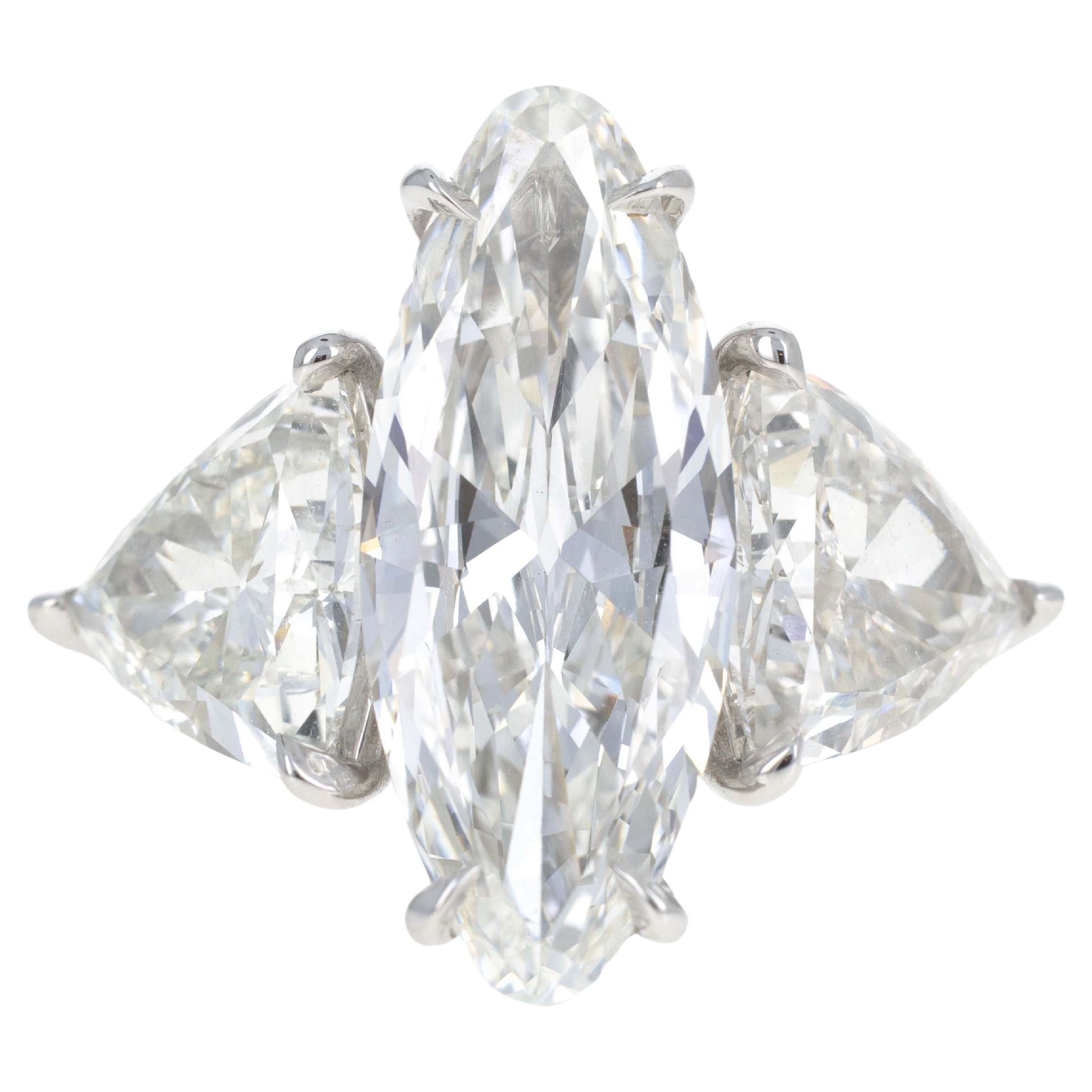 Platinum 5.16 Carat Moval Diamond Three Stone Engagement Ring For Sale
