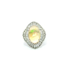 Platinum 5.19ctw Oval Colorful Fiery Jelly Opal w/ Baguette Diamond Ring