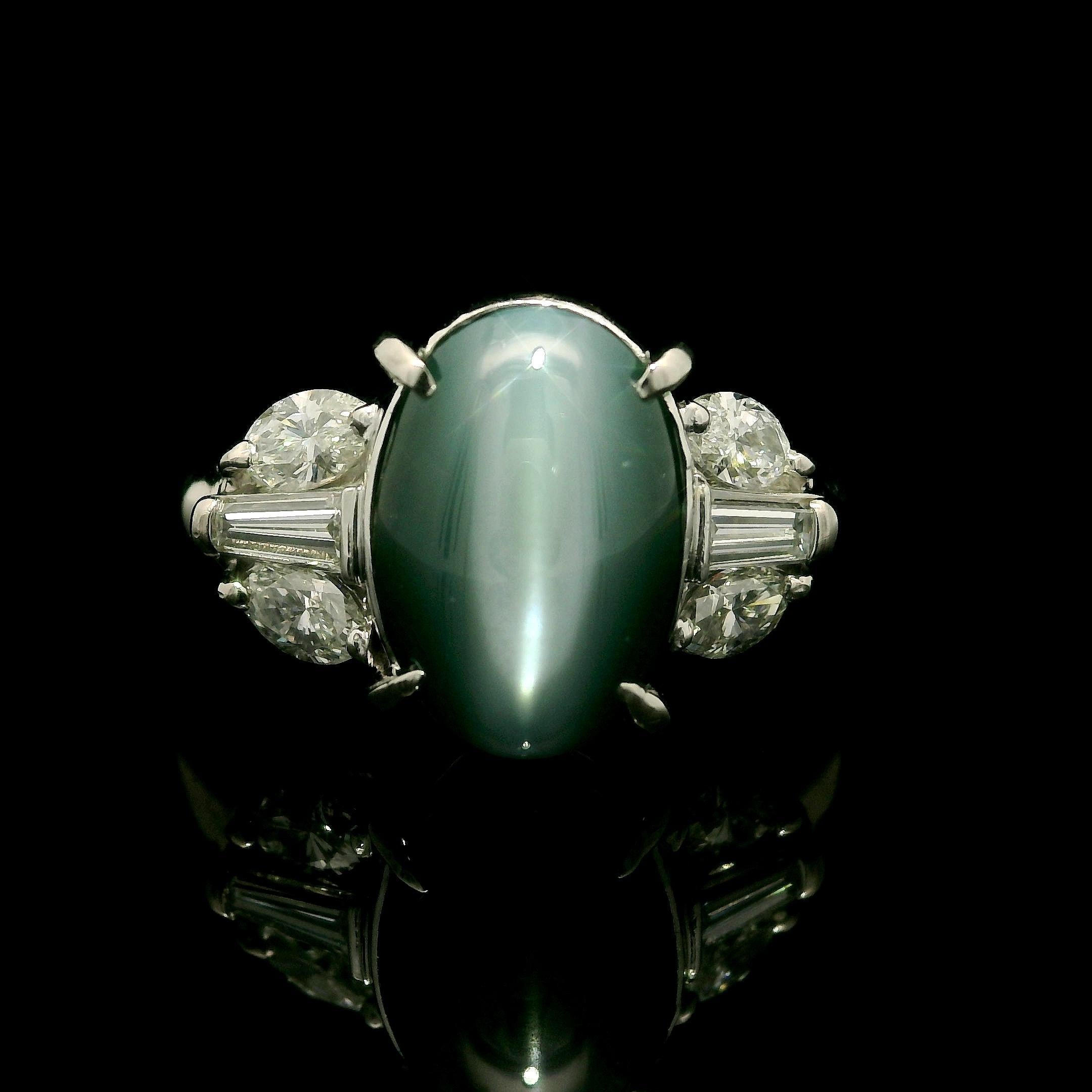 Anillo de cóctel con diamantes de ojo de gato verde grisáceo ovalados únicos de 5,1 ctw en platino en venta 2
