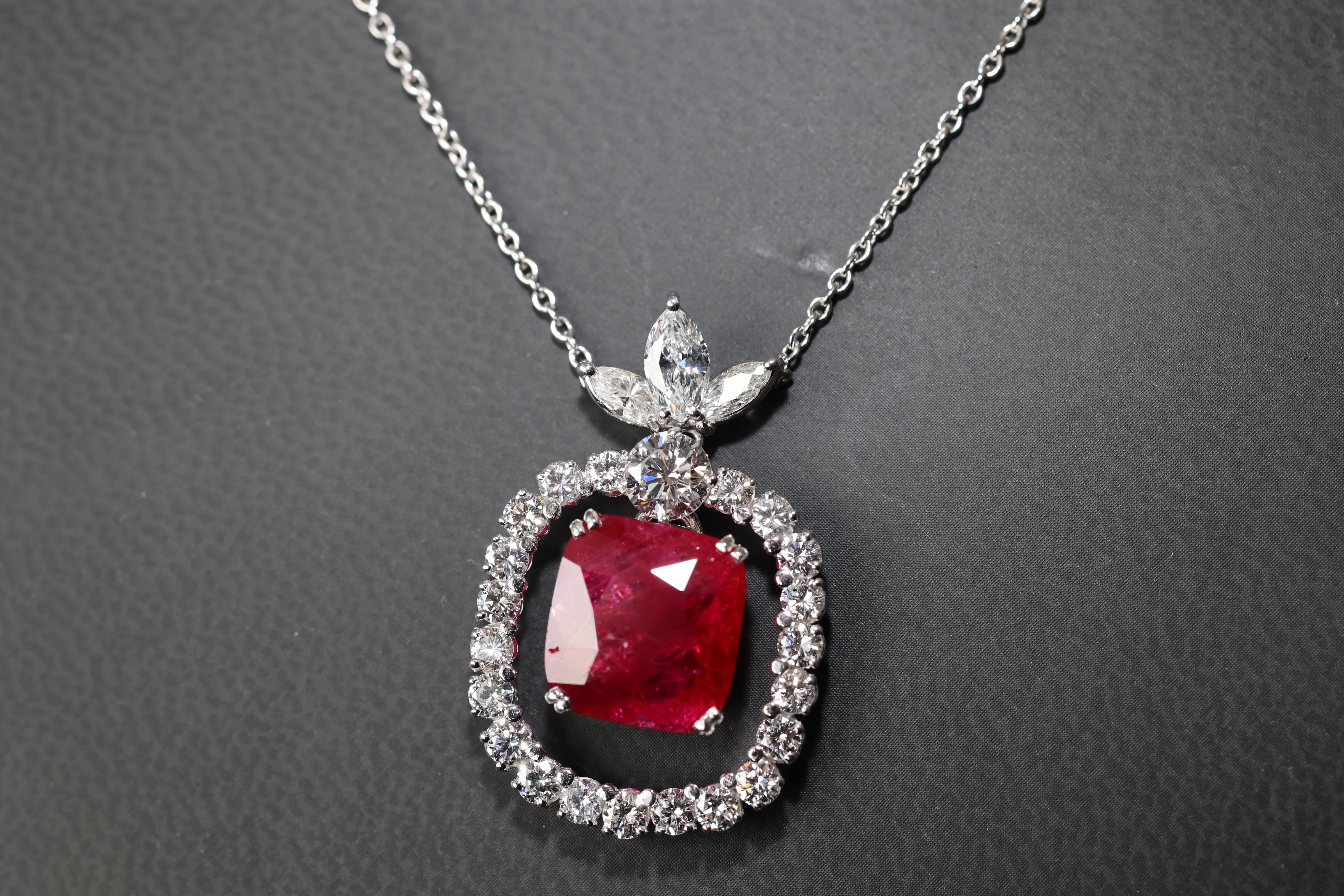 Platinum 5.22 Ct Ruby and Diamonds Ring & 8.89 Ct Ruby Necklace & Pear Bracelet 9