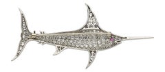 Platinum & 5.25ct Diamond Swordfish Brooch w/ 0.05ct Ruby Eye