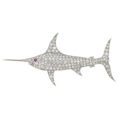 Platinum & 5.25ct Diamond Swordfish Brooch w/ 0.05ct Ruby Eye