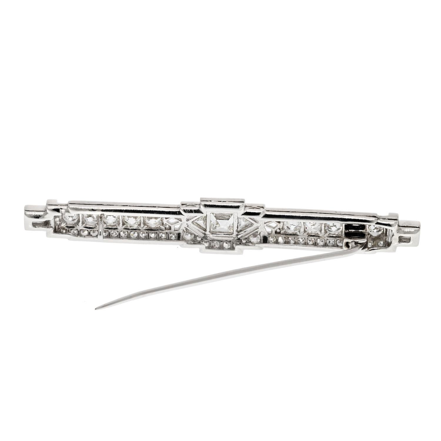 Asscher Cut Platinum 5.25cttw Mixed Cut Diamond Art Deco Bar Brooch For Sale