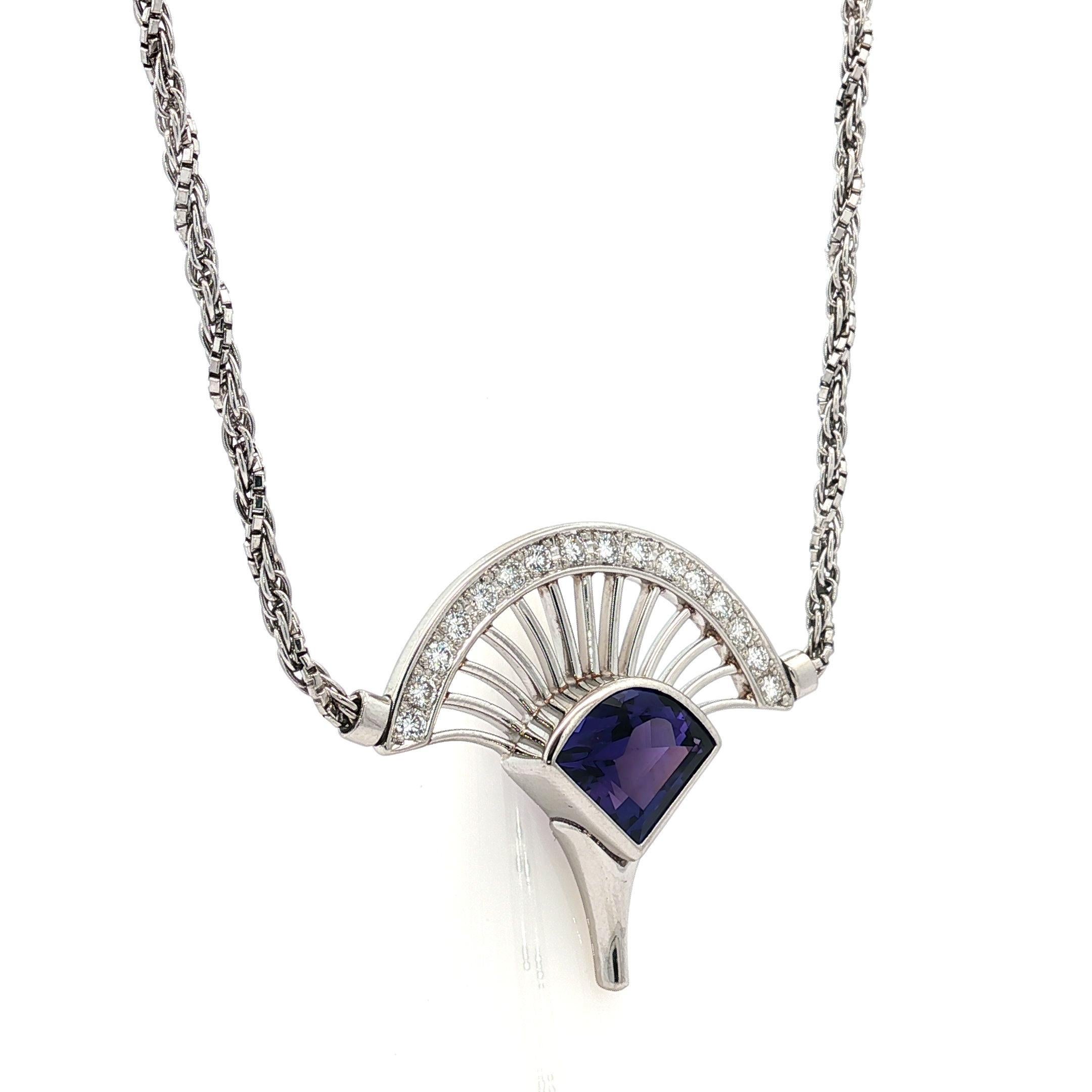 Taille brillant Collier en platine 5.36ct Tanzanite Diamond Open Fan Rope Box Link Chain en vente