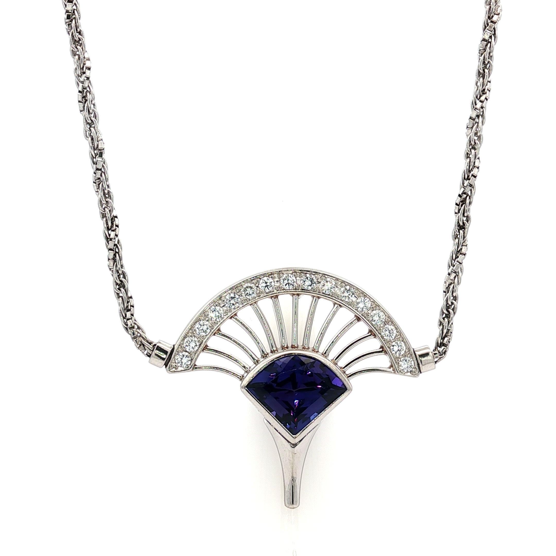 Collana in platino con diamante e tanzanite 5,36 carati a ventaglio aperto A Link