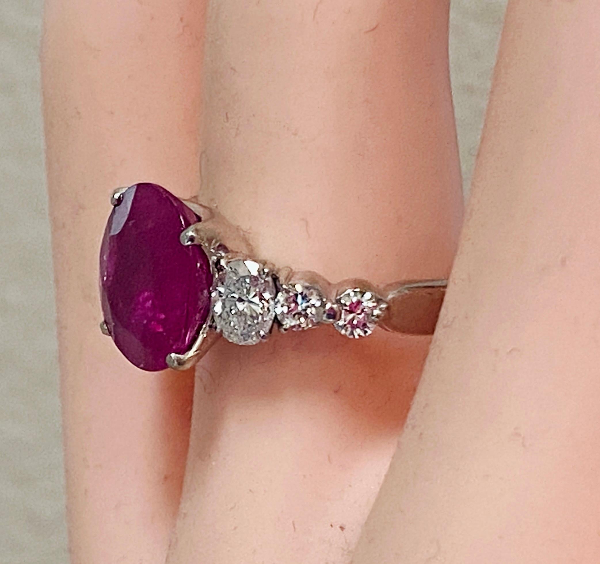 Platinum 5.48 Ct Oval Ruby Ring with Diamonds For Sale 3