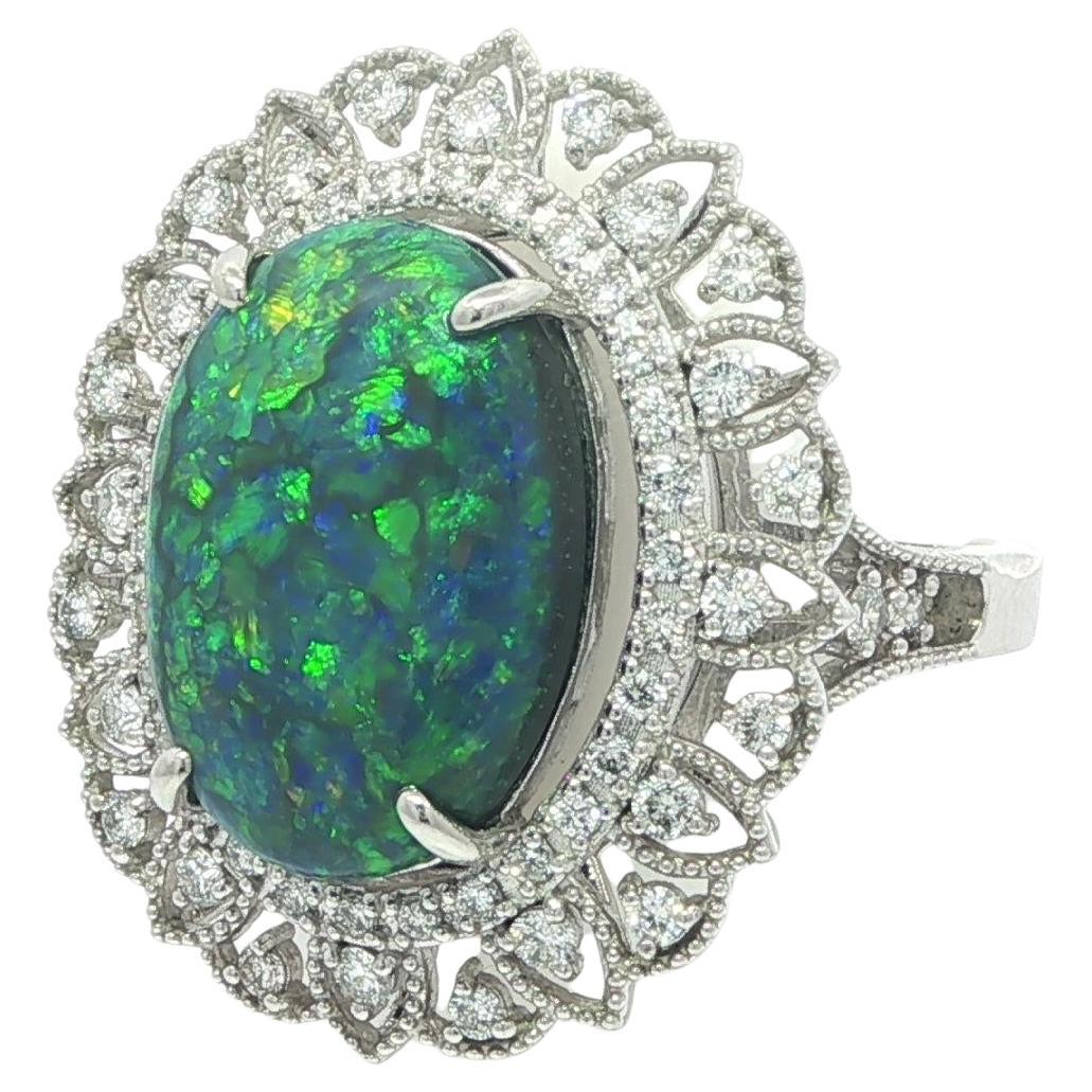 Platinum 5.50ctw GIA Australian Oval Black Opal Open Work Diamond Ring For Sale