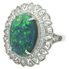 Platinum 5.50ctw GIA Australian Oval Black Opal Open Work Diamond Ring