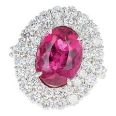 Platinum 5.56 Carat Oval Cut Rubellite Tourmaline and Diamond Ring