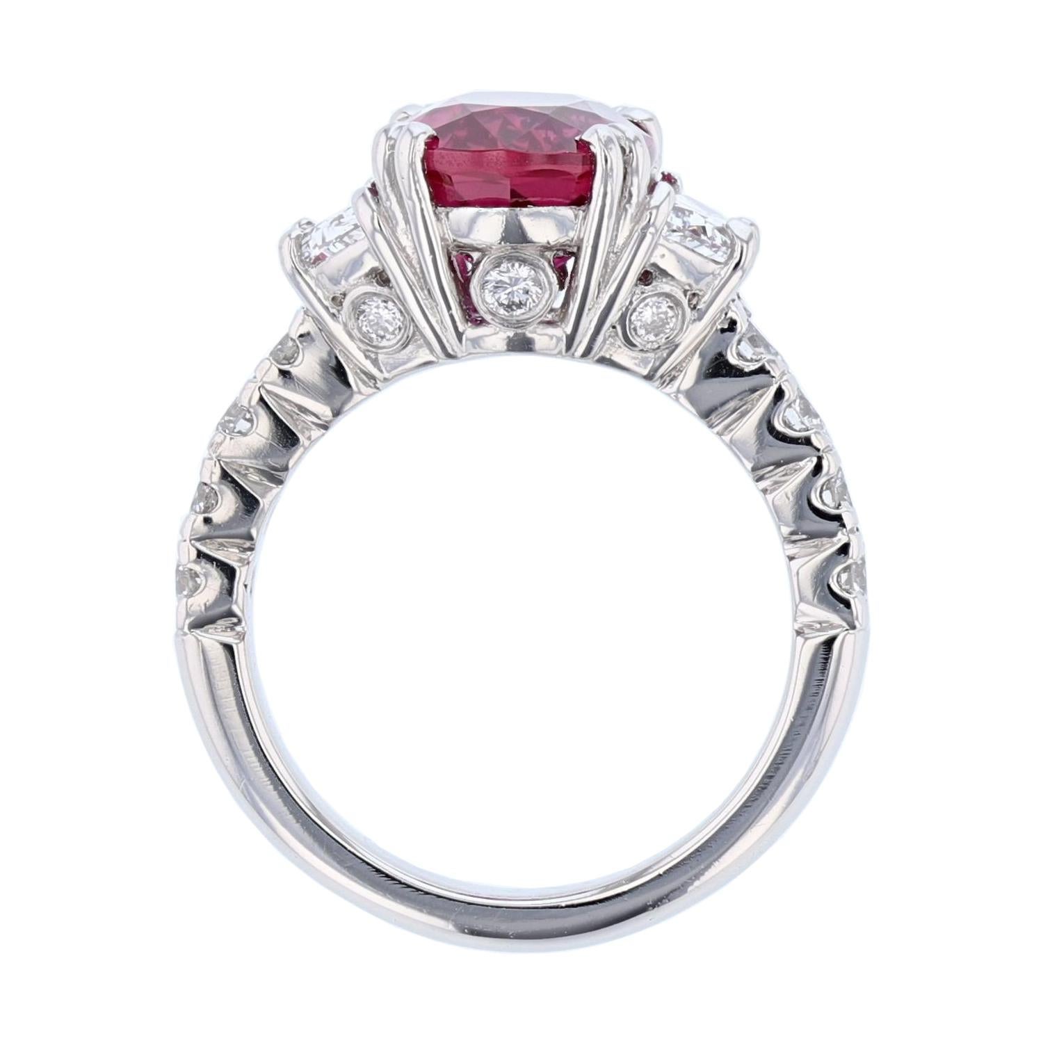 Contemporary Platinum 5.61 Carat Certified Oval Cut Ruby and Diamond Ring For Sale