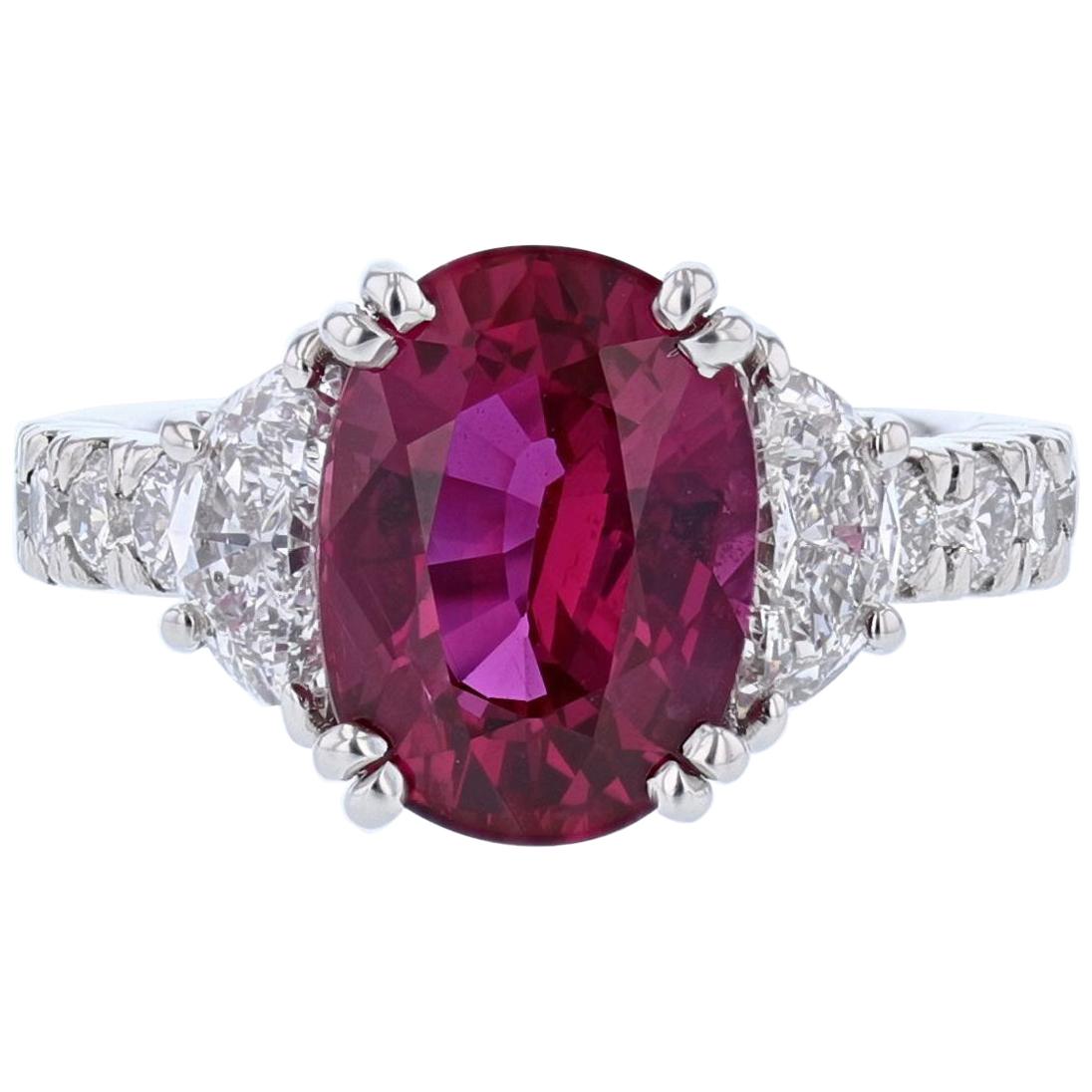Platinum 5.61 Carat Certified Oval Cut Ruby and Diamond Ring For Sale