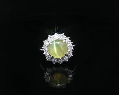 Platinum 5.71ctw Gorgeous Round Cabochon Cat's Eye w/ Diamond Halo Ring