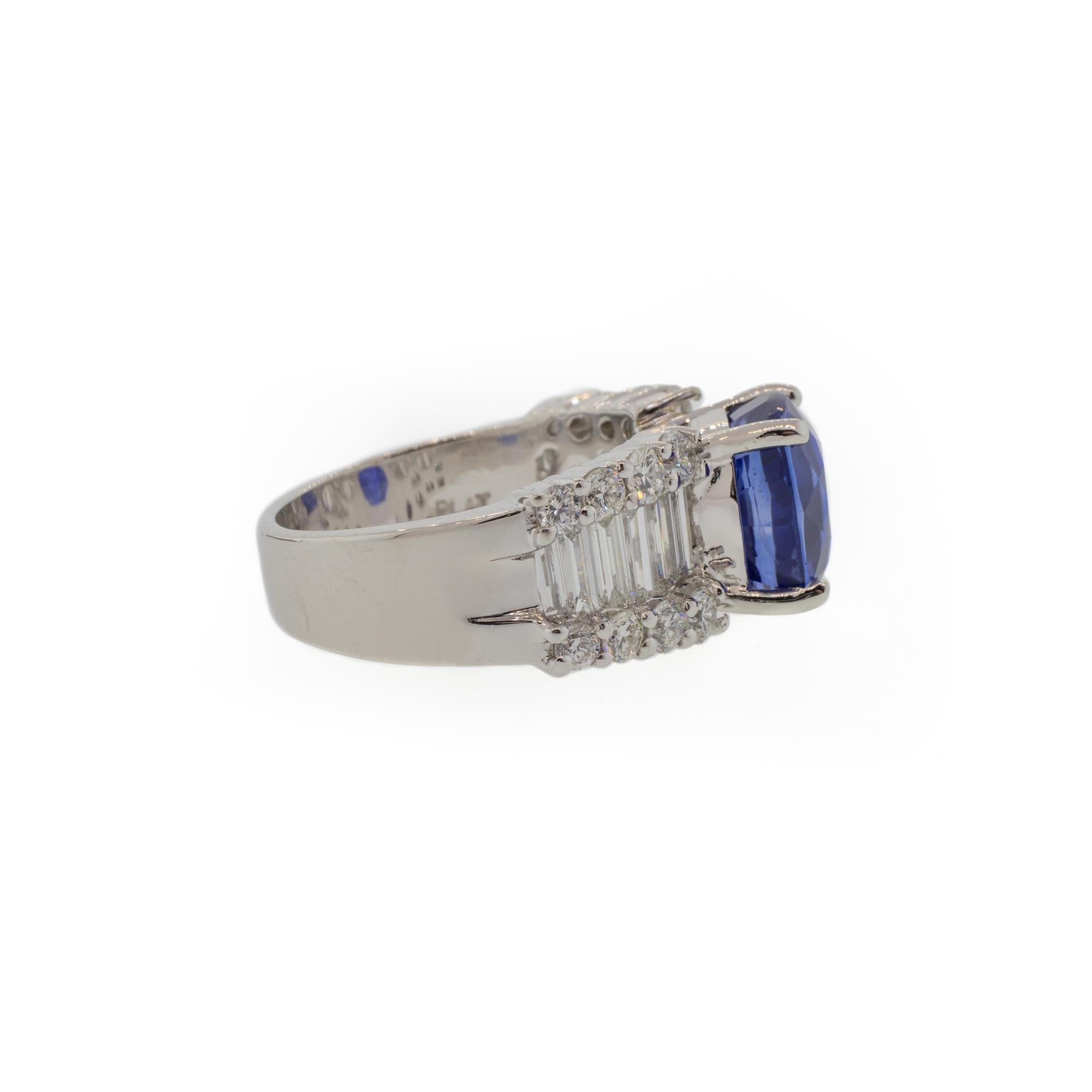 Platinum 5.85 Carat Blue Sapphire and Baguette Diamond Ring In Excellent Condition For Sale In Seattle, WA