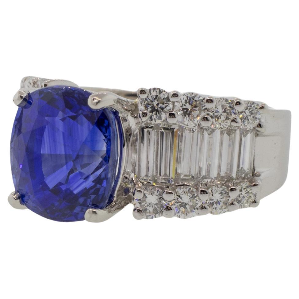 Platinum 5.85 Carat Blue Sapphire and Baguette Diamond Ring