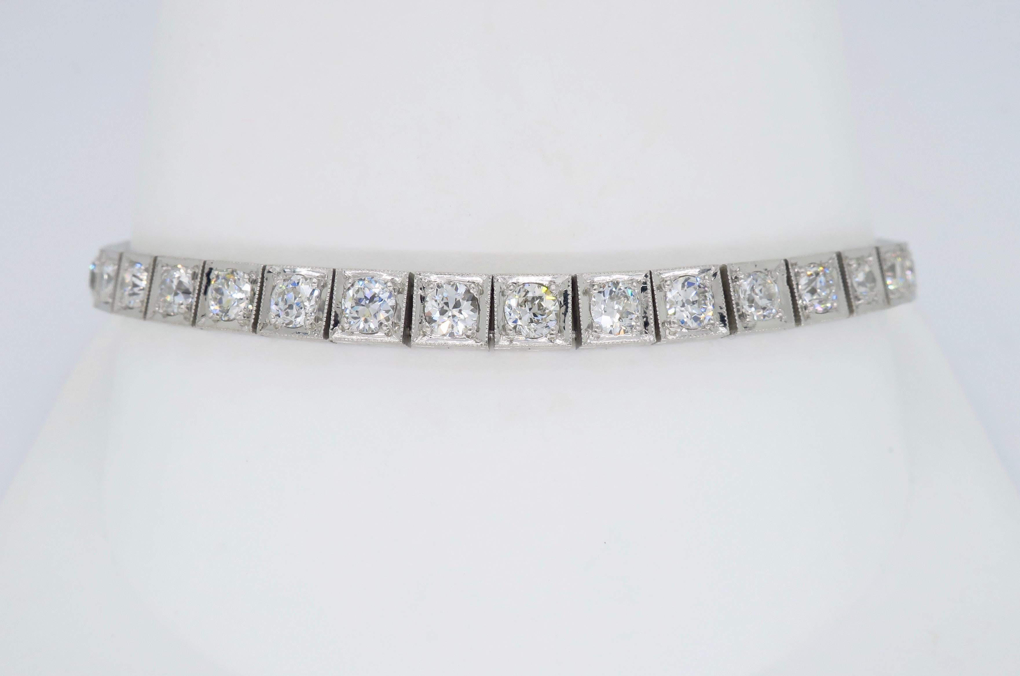 Platinum approximately 5.85CTW Old European Cut diamond tennis bracelet.

Diamond Carat Weight: Approximately 5.85CTW
Diamond Cut: 37 Old European Cut Diamonds
Color: Average G-I
Clarity: Average VS-SI
Metal: Platinum
Marked/Tested: Tested