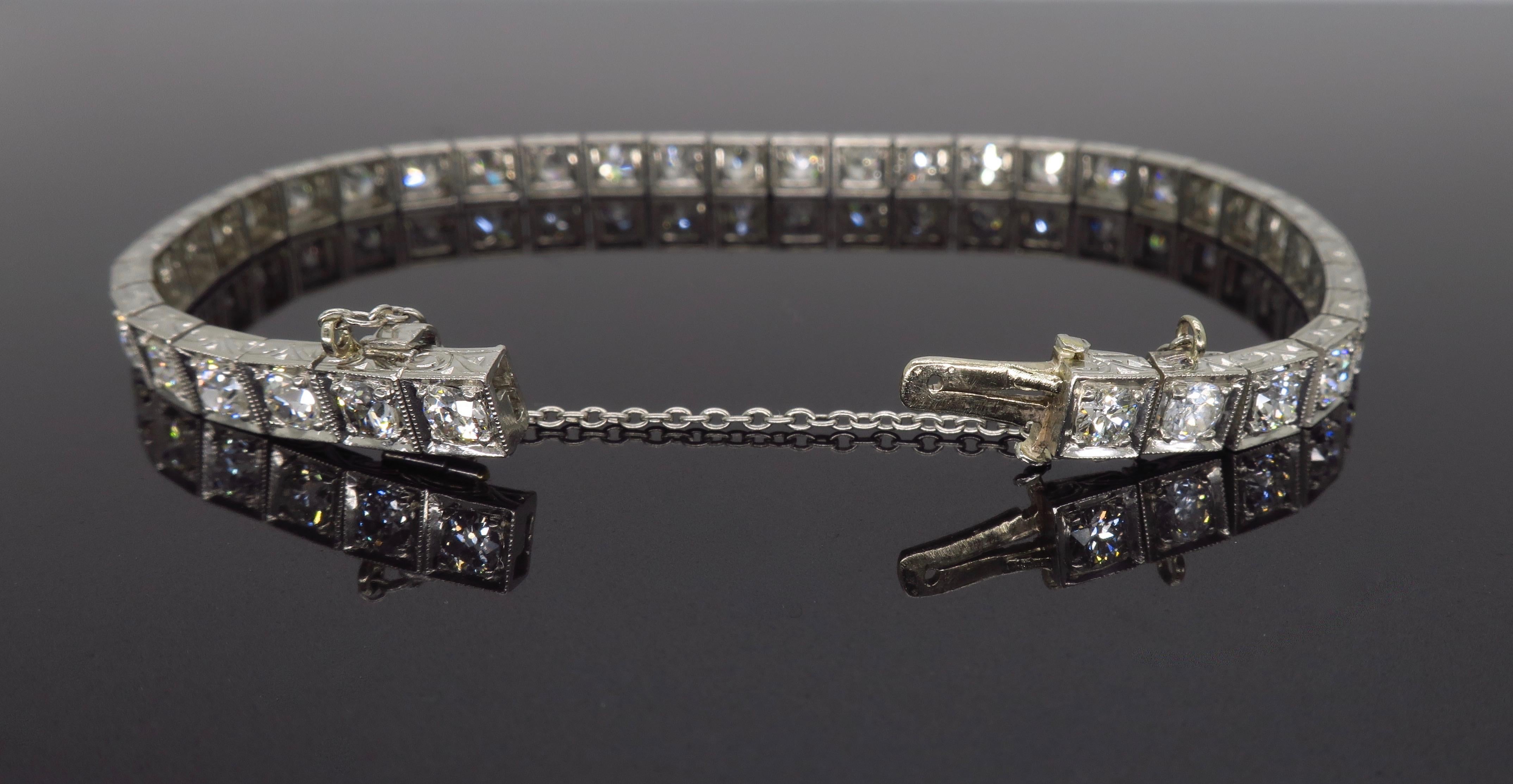 Platinum 5.85 Carat Old European Cut Diamond Tennis Bracelet In Excellent Condition In Webster, NY