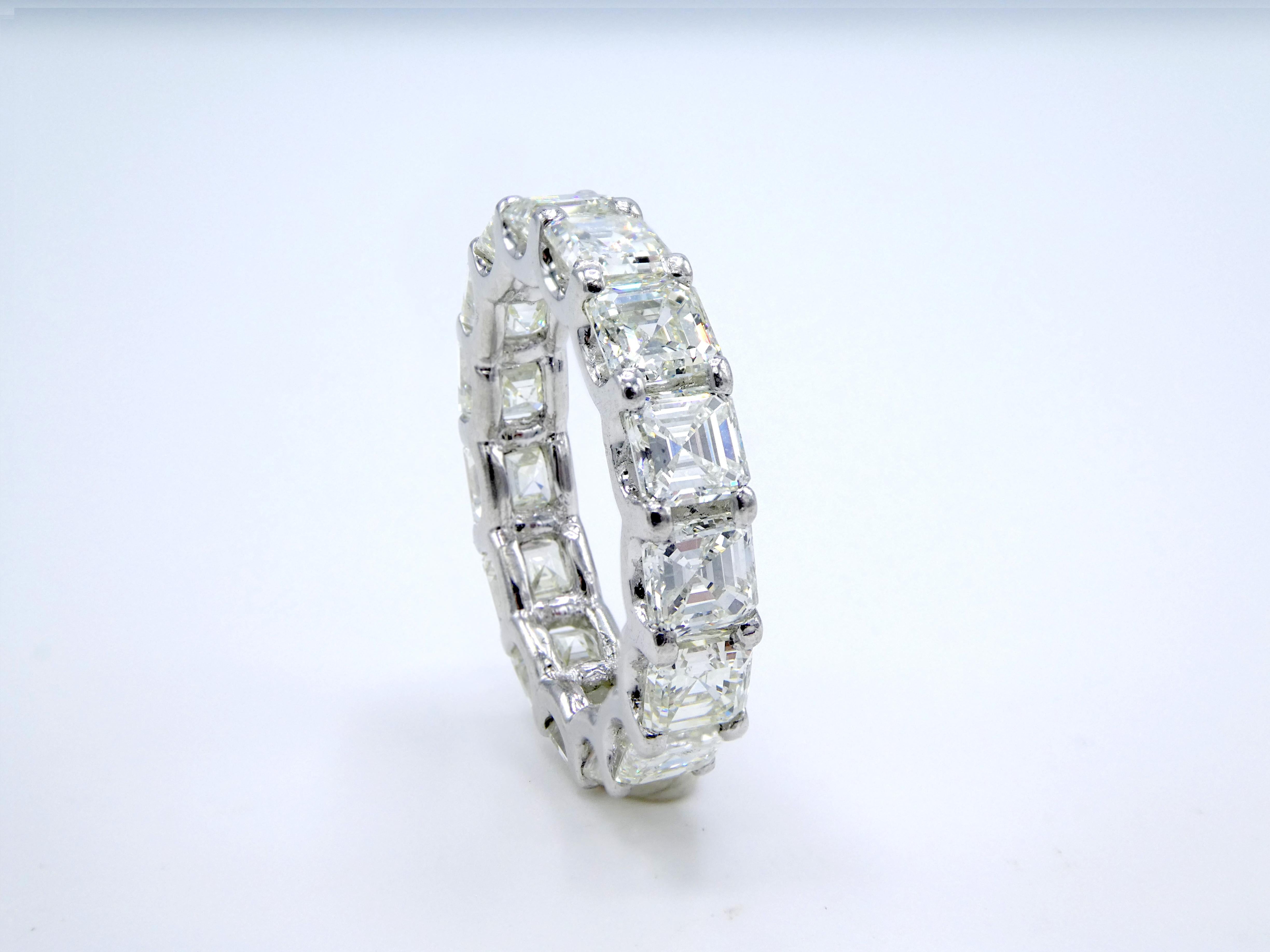 Platinum 6 Carat Asscher Diamond Eternity Wedding Band Anniversary Ring

Metal: Platinum
Weight: 6.53 grams
Diamonds: 15 asscher cut diamonds, 6.00 CTW I-J VS
Size: 5.5 (US)
Width: 4.3MM