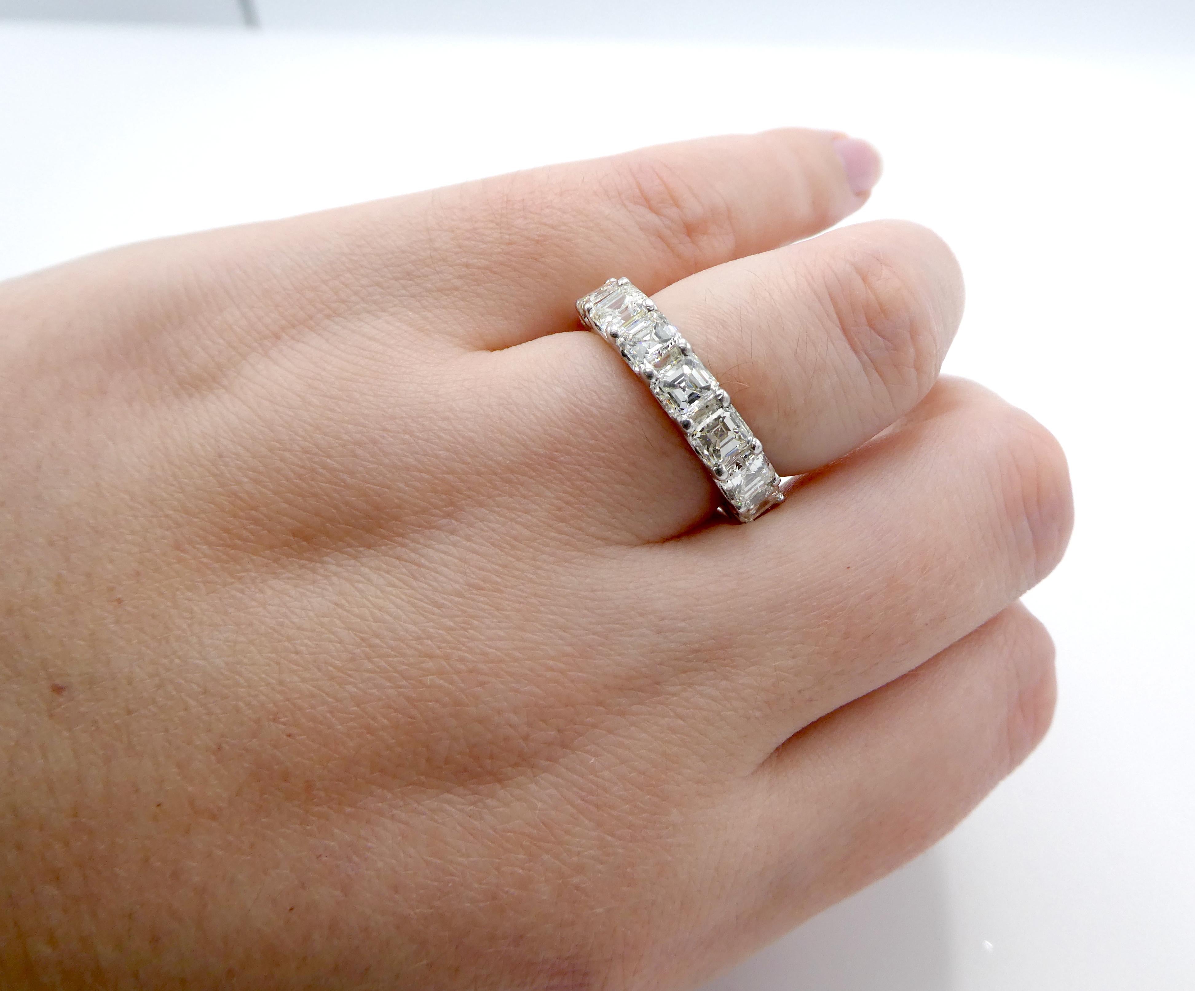 Platinum 6 Carat Asscher Diamond Eternity Wedding Band Anniversary Ring In Excellent Condition In  Baltimore, MD