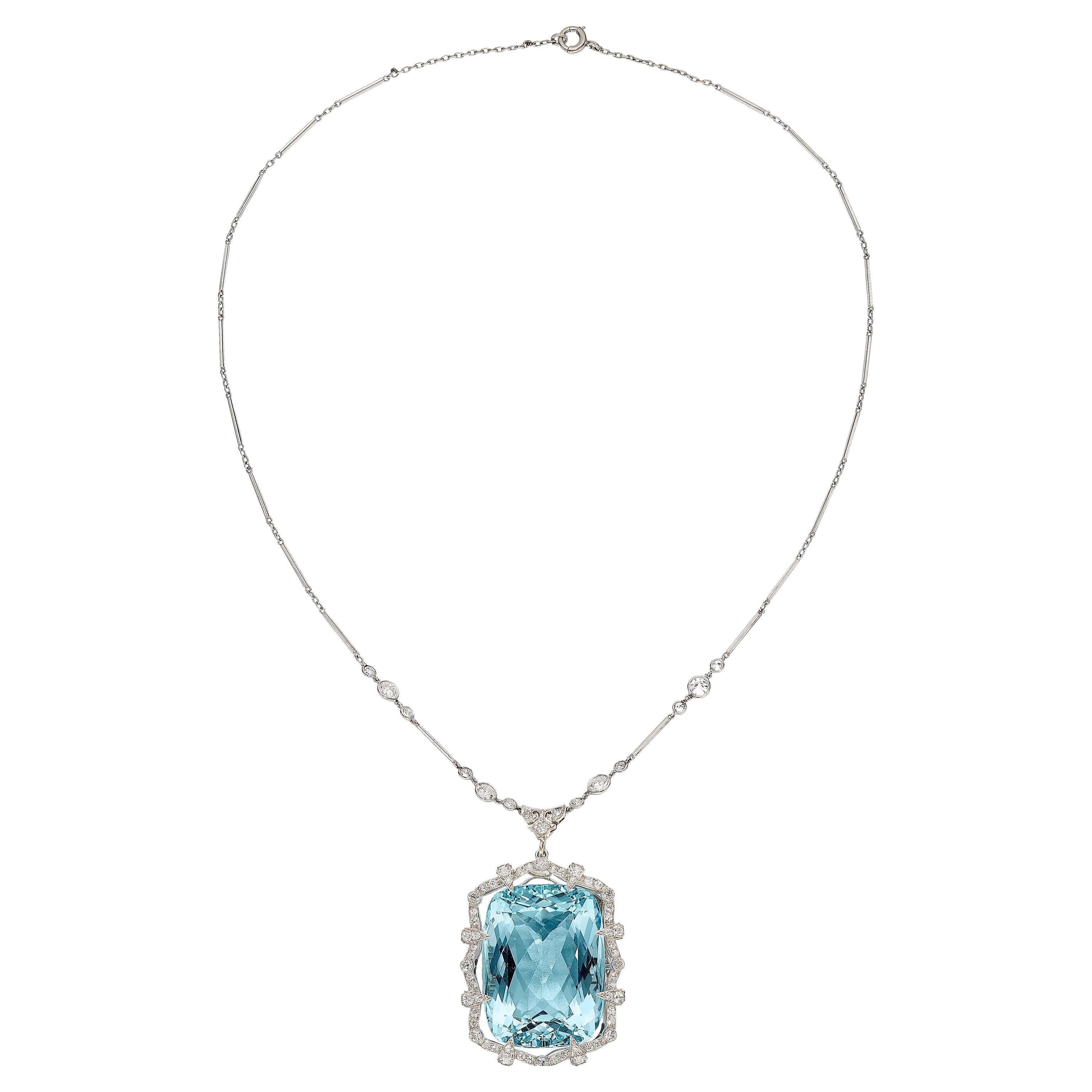 Platinum 60 Carat Aquamarine Pendant Necklace with 1.15 Carat Diamonds, Size 17